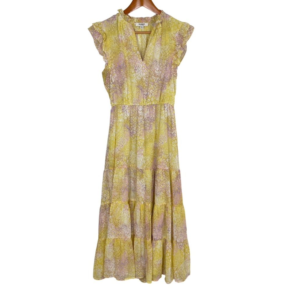 BB Dakota Steve Madden Yellow Lavender Tiered Midi Dress Size XS Garden Party - Picture 1 of 9